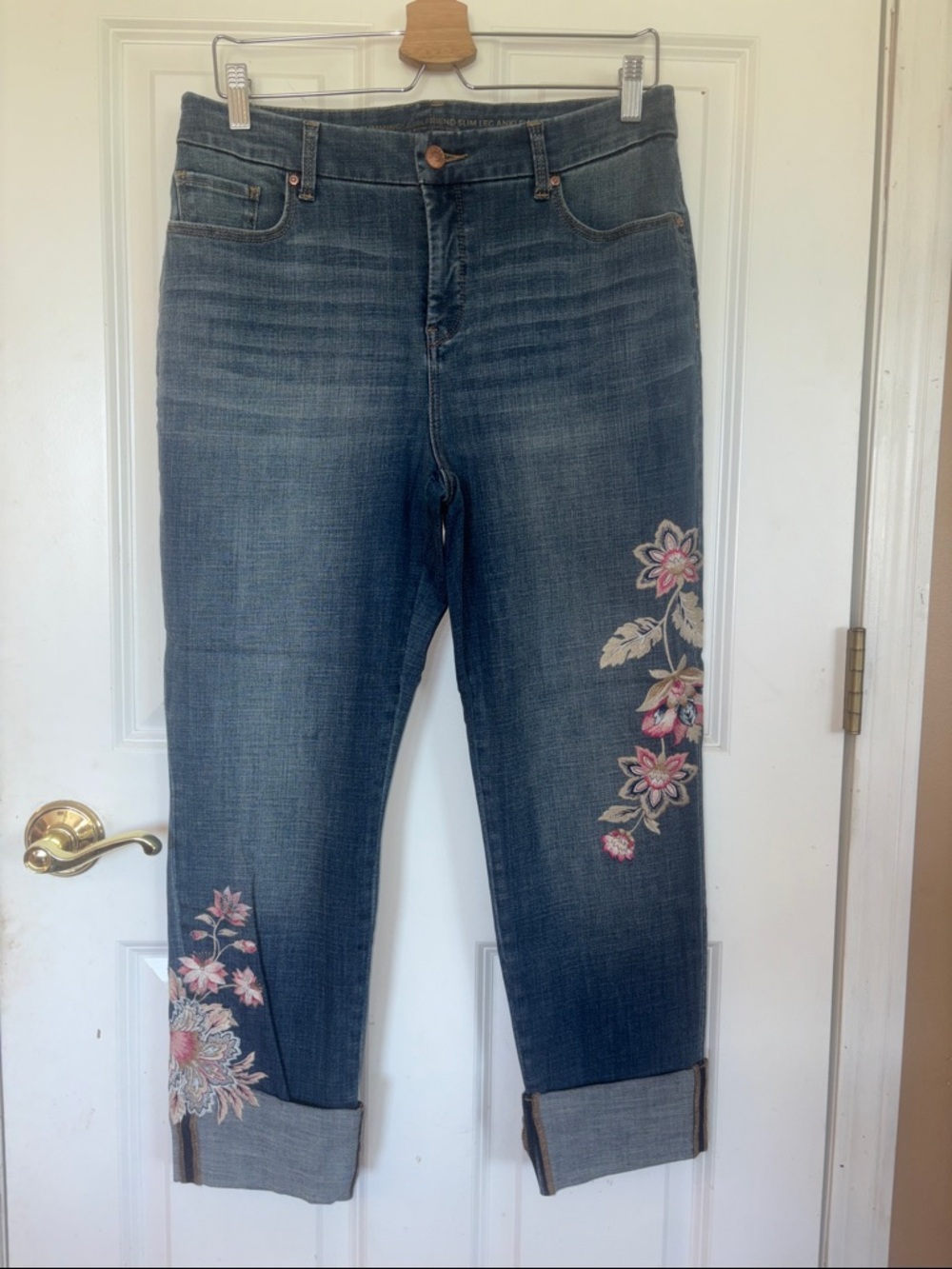 Chico's Denim Ankle Jeans with Pink Floral Embroidery